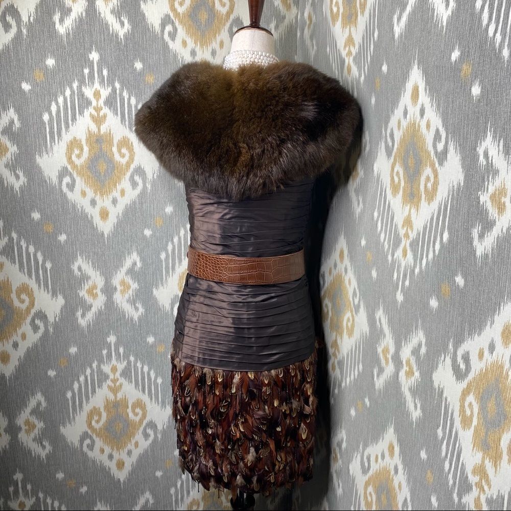 Ralph Lauren Vintage Brown Ruched Silk Taffeta Pheasant Feather Cocktail Dress - Picture 6 of 16